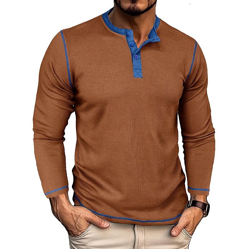 2023 Men'S Long-Sleeved Knitted Waffle Henley Shirt