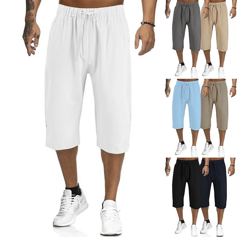 Men's Summer Capri Drawstring Elastic Waist Plain Comfort Outdoor Daily Linen Shorts 