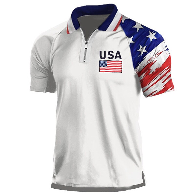 Men's National Flag Turndown   Zipper Short Sleeves Polo Shirt 