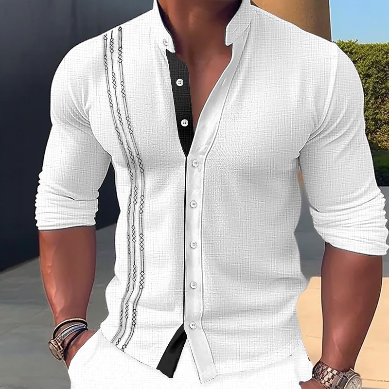 Men's Shirt Linen Shirt Button Up Shirt Casual Shirt Summer Shirt Beach Shirt Black White Pink Long Sleeve Embroidery Standing Collar Spring & Summer Casual Daily Clothing Apparel