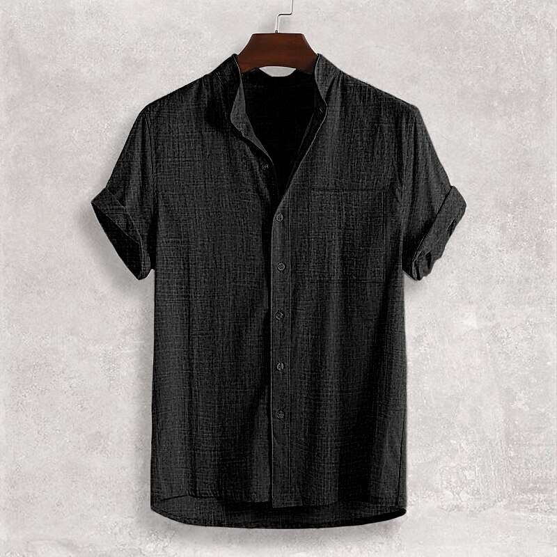 Men's Linen Shirt Casual Shirt Henley Shirt Black White Yellow Short Sleeve Plain Henley Spring & Summer Hawaiian Holiday Clothing Apparel Front Pocket