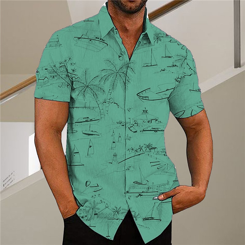 Men's Coconut Tree Graffiti Turndown Button-Down Short Sleeve Shirt