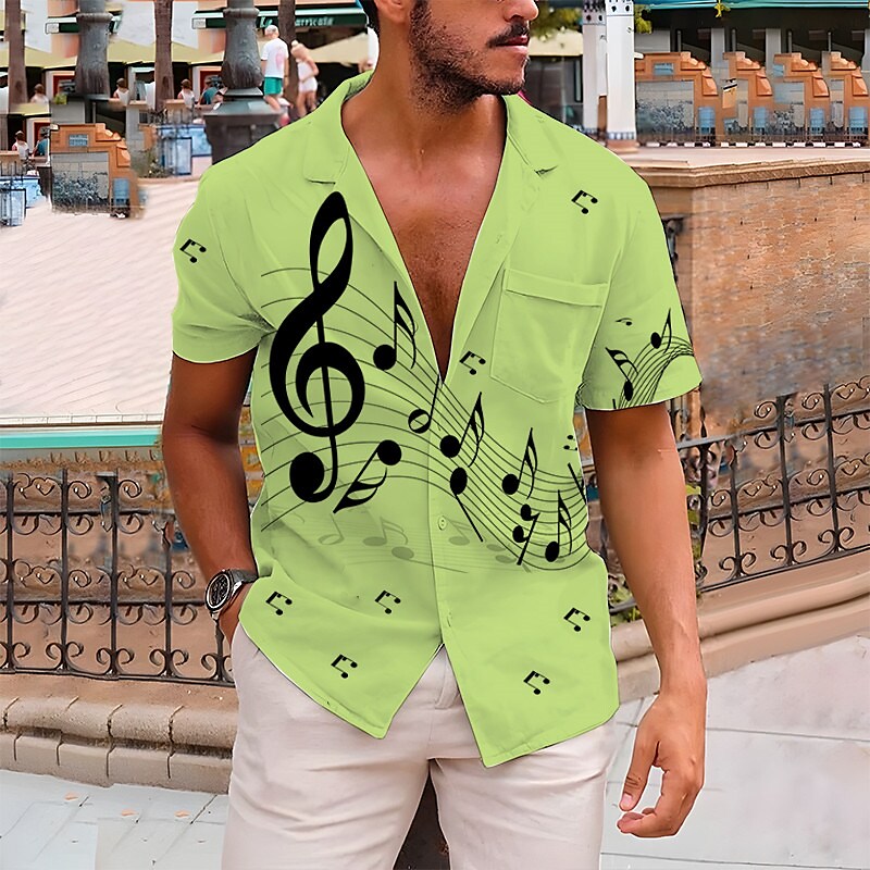 Men's Music Notes Cuban Collar Button-Down Short Sleeve Hawaiian Shirt