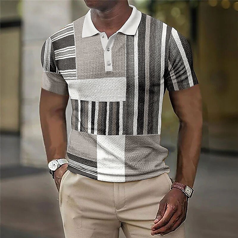 Men's  Striped Graphic Prints Geometry Turndown  Button-Down Short Sleeves Polo Shirt