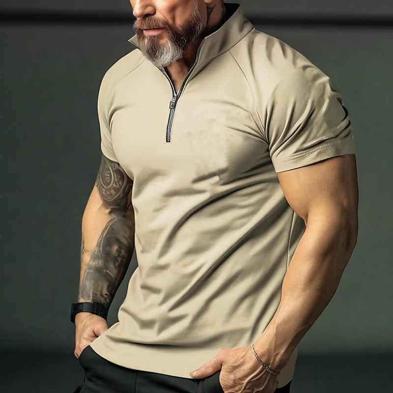 Men's Outdoor Street Fashion Basic Comfortable Breathable Plain Zipped Short Sleeve Polo Shirt