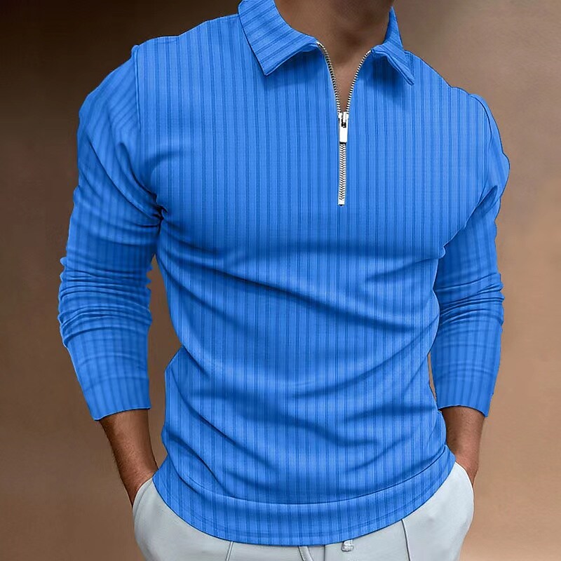 Men's Long Sleeve Waffle Solid Color Collar Patchwork Zipper Shirt