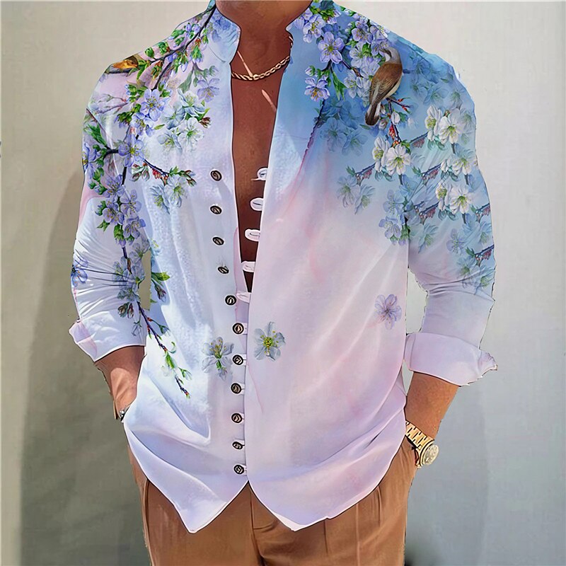 Men's Floral Graphic Prints Stand Collar  Long Sleeve Shirt