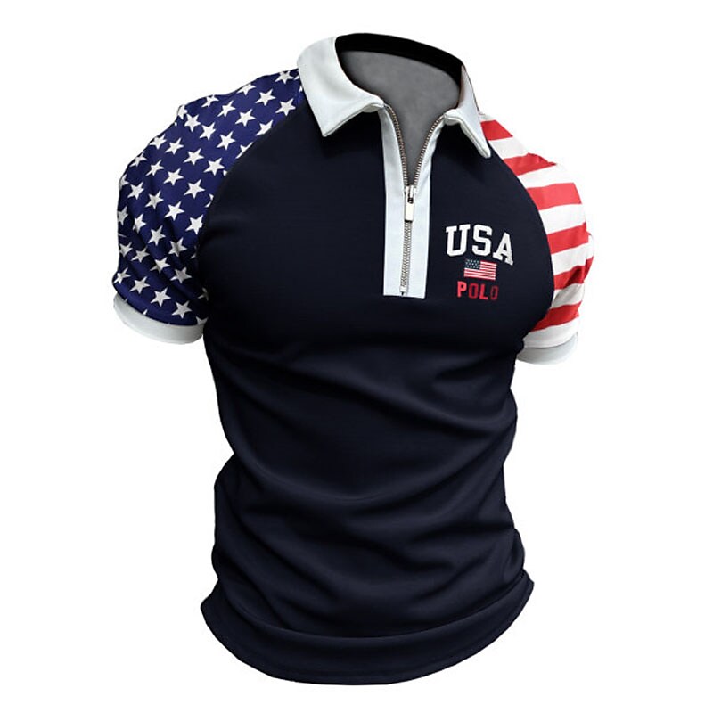 Men's Letter Turndown Zipper Short Sleeve Polo Shirt