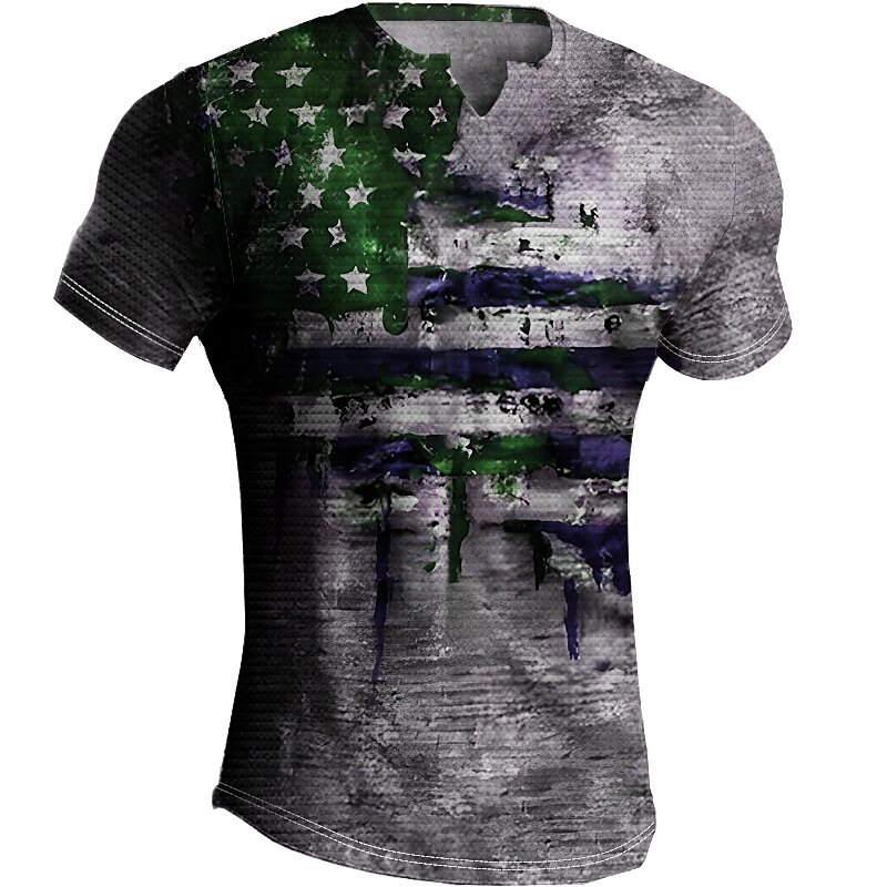 Men's  Waffle Graphic National Flag V Neck  Outdoor Casual Short Sleeve Basic T-Shirt 