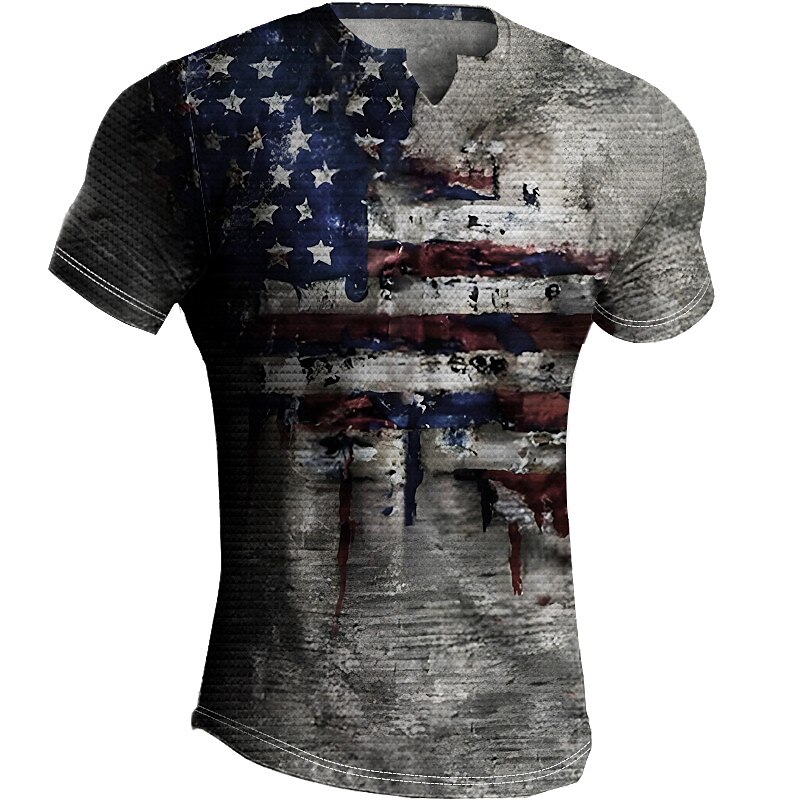 Men's  Waffle Graphic National Flag V Neck  Outdoor Casual Short Sleeve Basic T-Shirt 