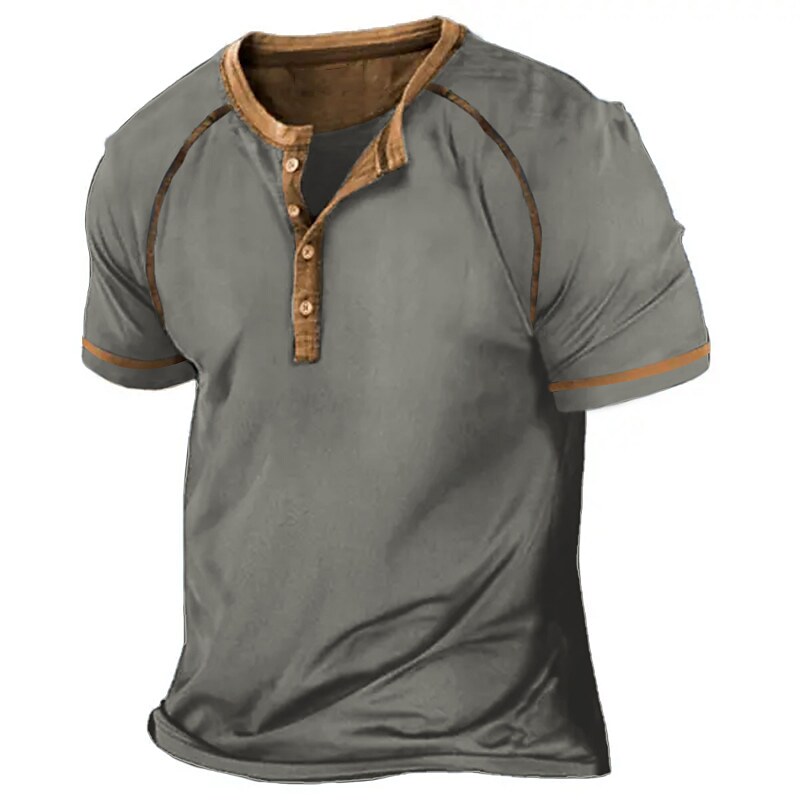 Men's Color Block Vintage Button Short Sleeve Henley Shirt