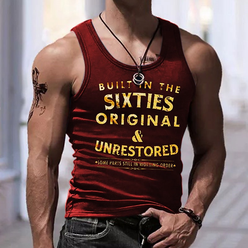 Men's Letter Crew Neck Sleeveless Print  Casual Undershirt 