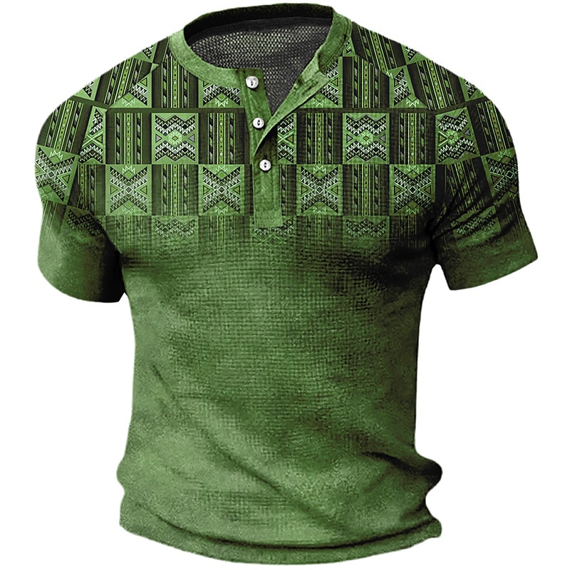 Men's Waffle Raglan Graphic  3D Print Short Sleeve Button Henley Shirt 