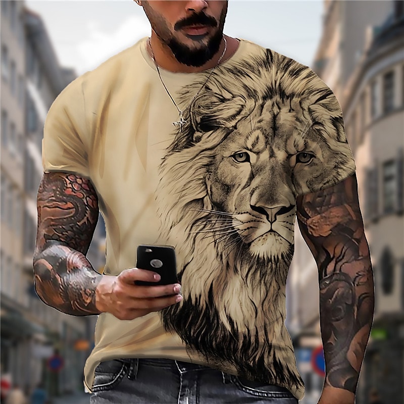 Men's Unisex T shirt Tee Lion Graphic Prints Crew Neck Khaki 3D Print Plus Size Daily Holiday Short Sleeve Print Clothing Apparel Designer Plus Size Casual Big and Tall / Summer / Summer