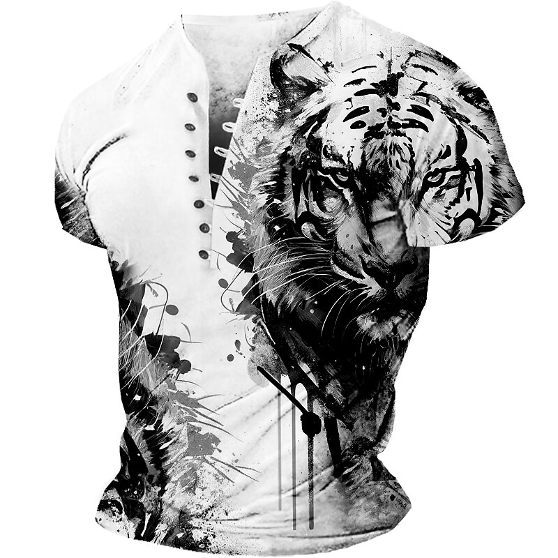 Men's Outdoor Street Sports Fashion Comfortable Breathable 3D Print Short Sleeve Henley Shirt