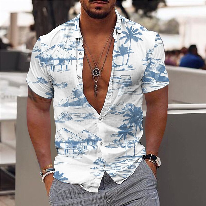 Men's Outdoor Holiday Casual Street Fashion Breathable Comfortable Light Print Short Sleeve Shirt