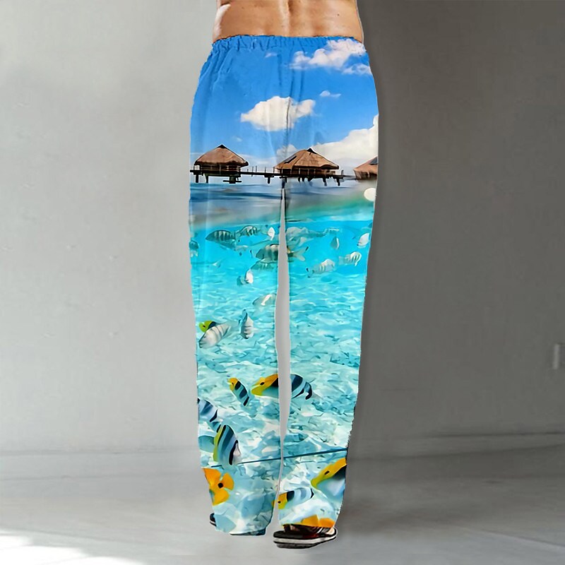 Men's  Drawstring Elastic Waist  Fish Casual  Hawaiian Summer Pants