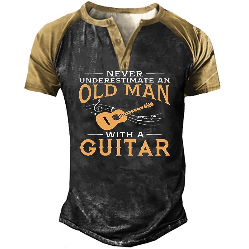 Men's Guitar Vintage Button-Down Short Sleeve Henley Shirt