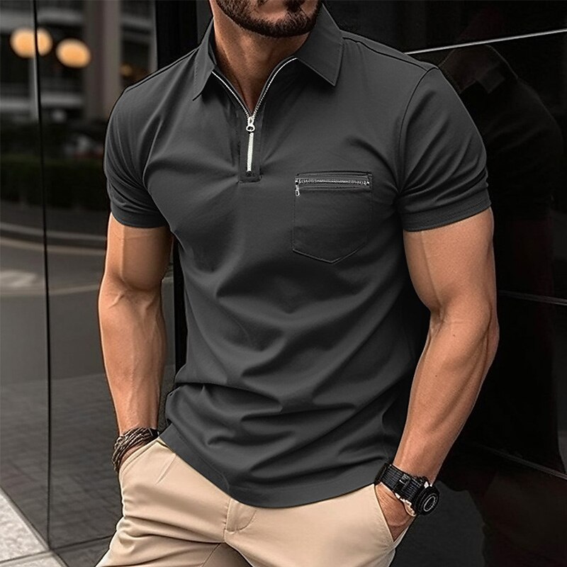Men's Casual Holiday Lapel Quarter Zip Short Sleeve Basic Polo Shirt 