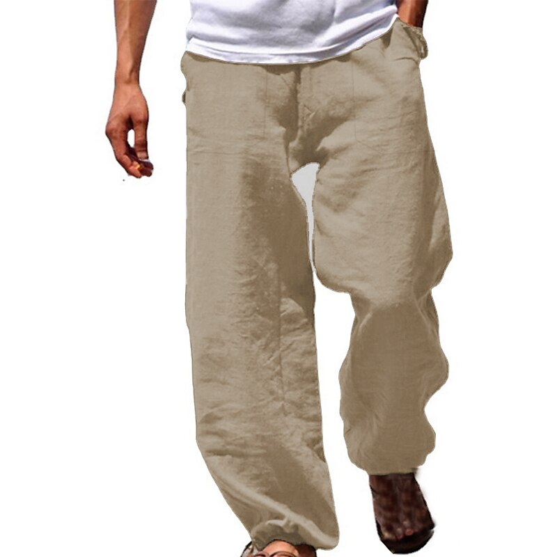 Men's Linen Pants Trousers Chinos Elastic Drawstring Design Fashion Streetwear Casual Daily Cotton And Linen Breathable Soft Outdoor Solid Color Black White Light Green S M L