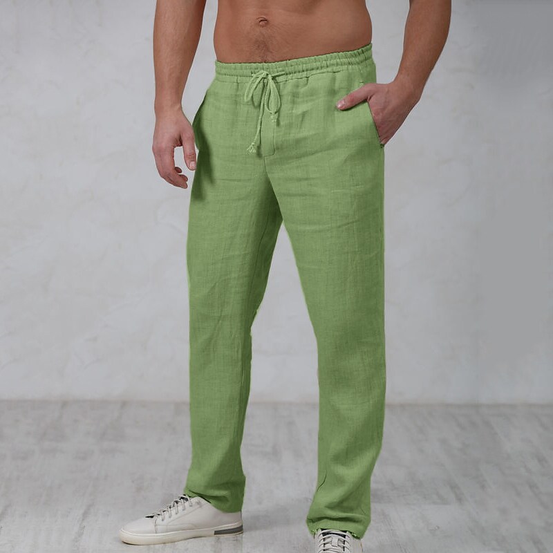Men's Beach  Drawstring Elastic Waist Straight Leg Plain Comfort Linen Pants