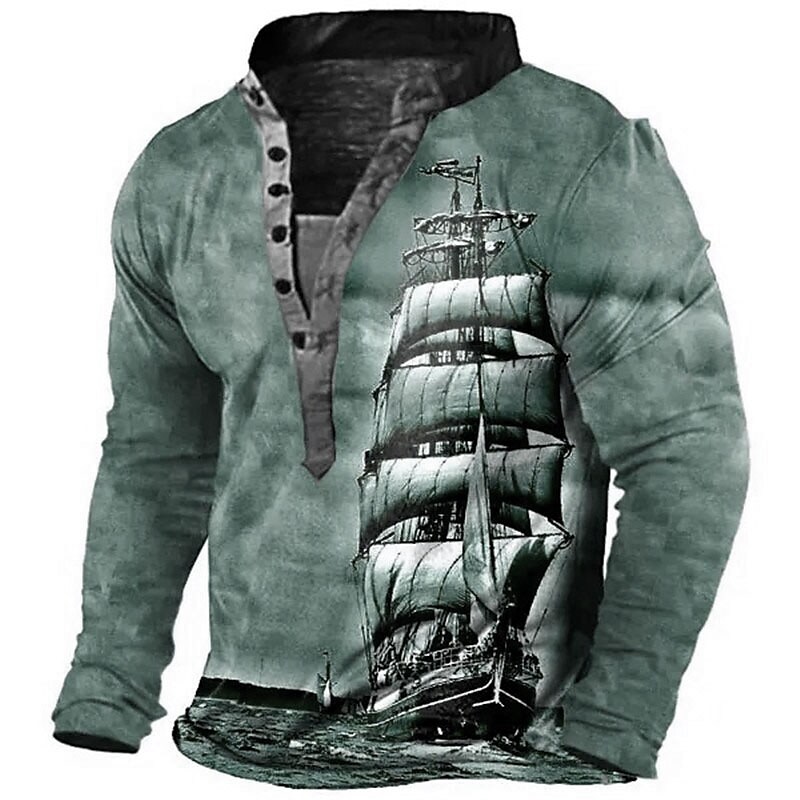 Men's Graphic Ship 3D Print  Button-Down Long Sleeve Henley Shirt
