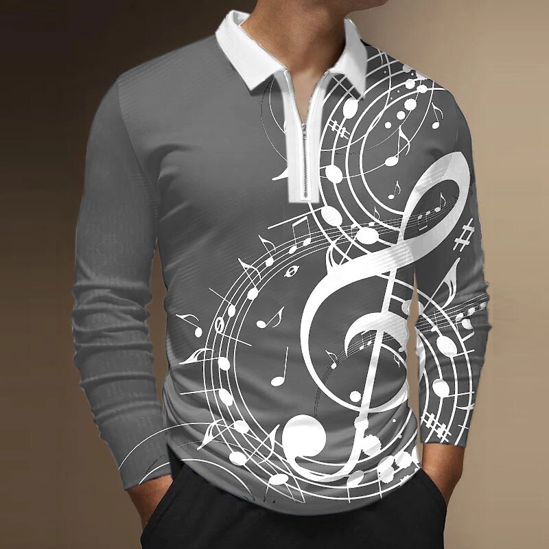 Men's Graphic Prints Notes Turndown Zipper Long Sleeve Polo Shirt