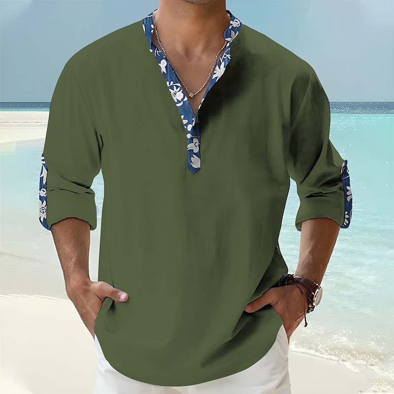 Men's Floral Graphic Prints Stand Collar  Casual Long Sleeve Linen Shirt 