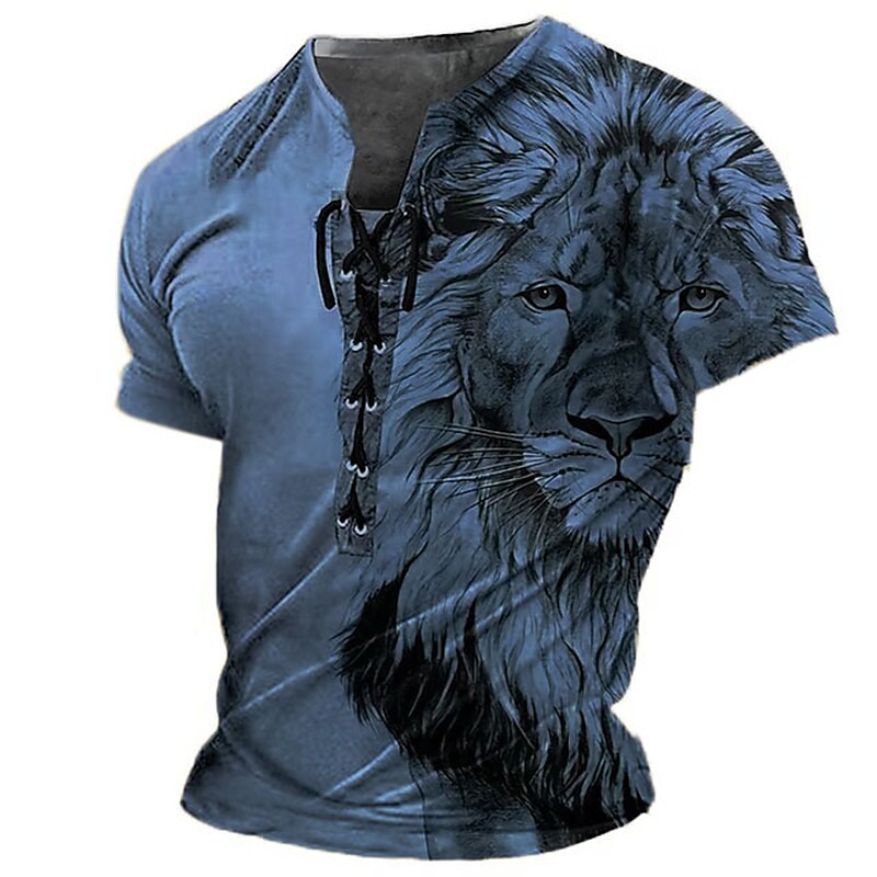 Men's Graphic Animal Lion 3D Print  Lace up  Vintage Short Sleeve T-shirt 