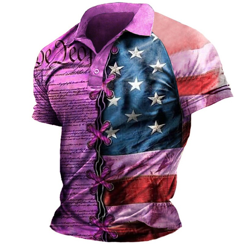 Men's National Flag Turndown  Button-Down Short Sleeve Polo Shirt