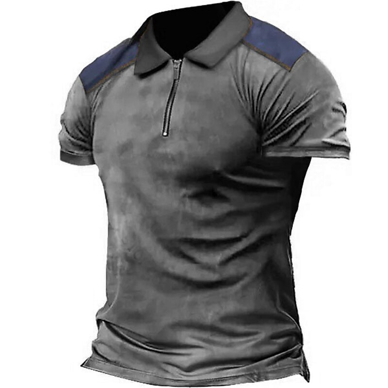 Men's Zip Polo Polo Shirt Golf Shirt Textured Graphic Prints Turndown Blue Green Khaki Gray Outdoor Street Short Sleeves Zipper Print Clothing Apparel Fashion Designer Casual Breathable