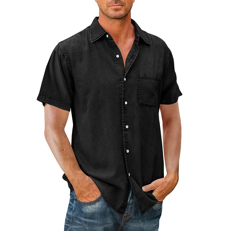 Men's Button Up Plain Turndown  Front Pocket Short Sleeve Shirt
