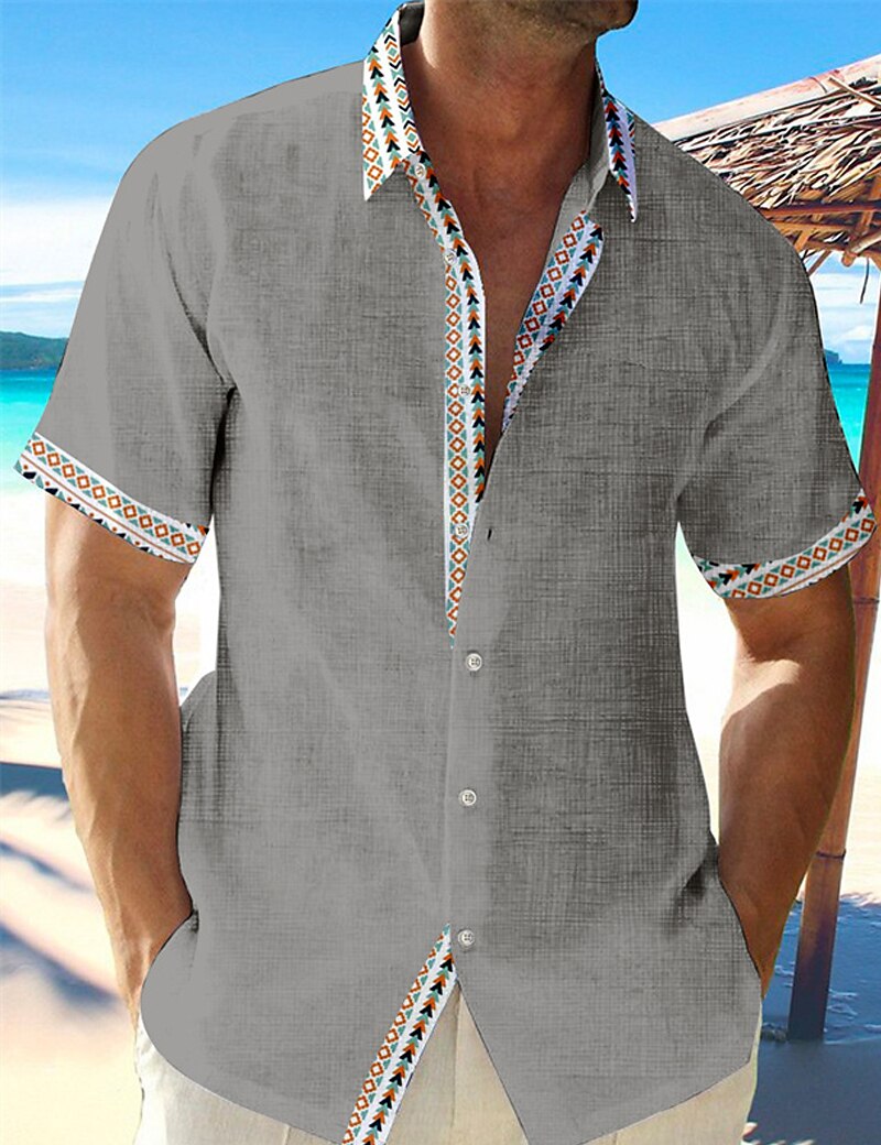 Men's Casual Summer Beach Geometric Turndown Short Sleeve Linen Shirt