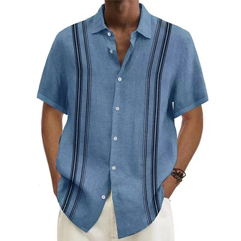 Men's Outdoor Beach Hawaiian Holiday Casual Breathable Comfortable Light Stripe Print Short Sleeve Shirt