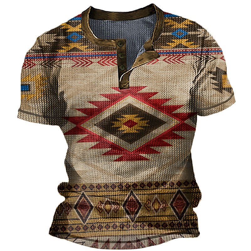 Men's Waffle Graphic Bohemian Argyle   Button Short SleeveHenley Shirt 