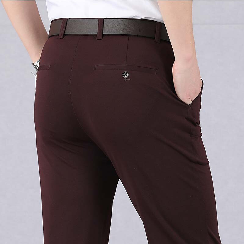 Men's Dress Pants Trousers Casual Pants Pocket Elastic Waist Straight Leg Plain Stretch Wedding Office Business Stylish Formal Black Wine High Waist Micro-elastic