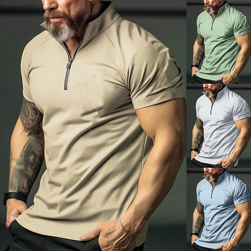 Men's Outdoor Street Fashion Basic Comfortable Breathable Plain Zipped Short Sleeve Polo Shirt