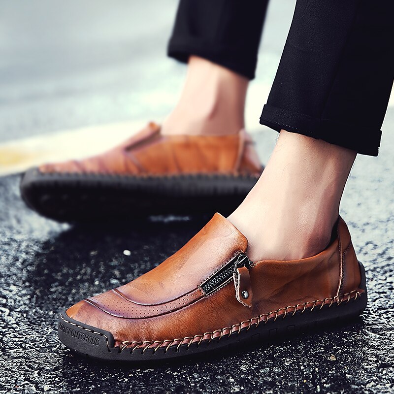Men's Loafers & Slip-Ons Comfort Loafers Plus Size Hand Stitching Summer Loafers Vintage British Preppy Outdoor Daily Walking Shoes Nappa Leather Light Brown Dark Brown Black Summer Spring Fall