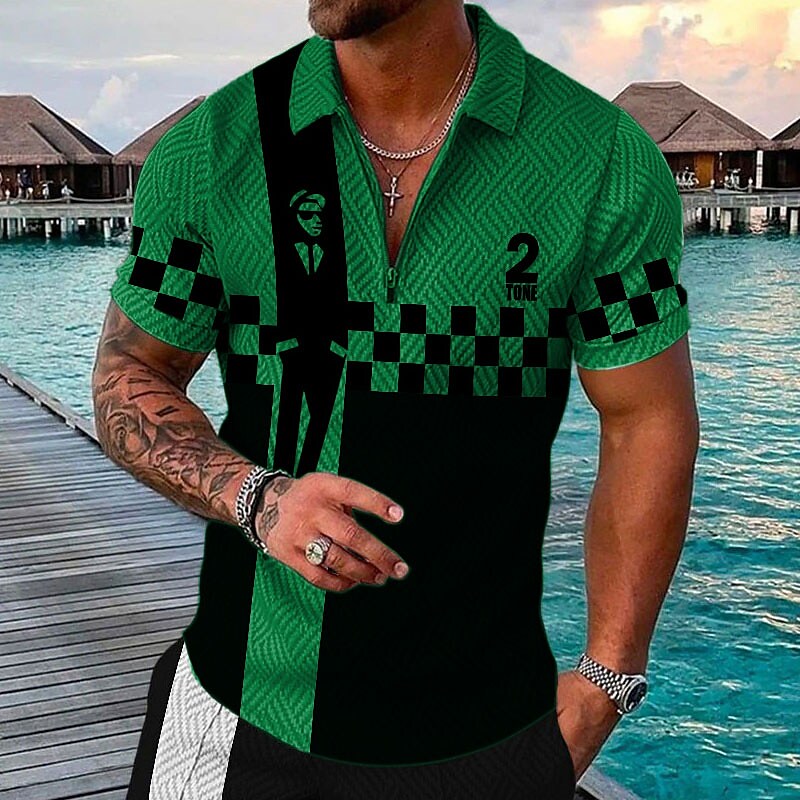 Men's Polo Shirt Golf Shirt Plaid Graphic Prints Turndown Green Black 