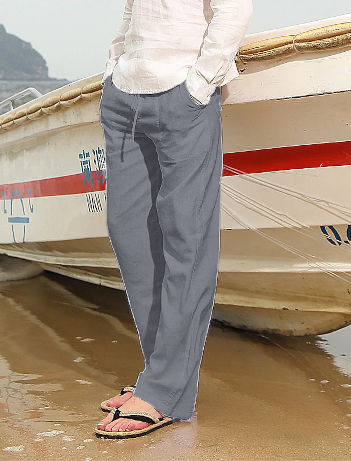 Men's Drawstring Wide Leg Solid Color Breathable  Linen Pants 