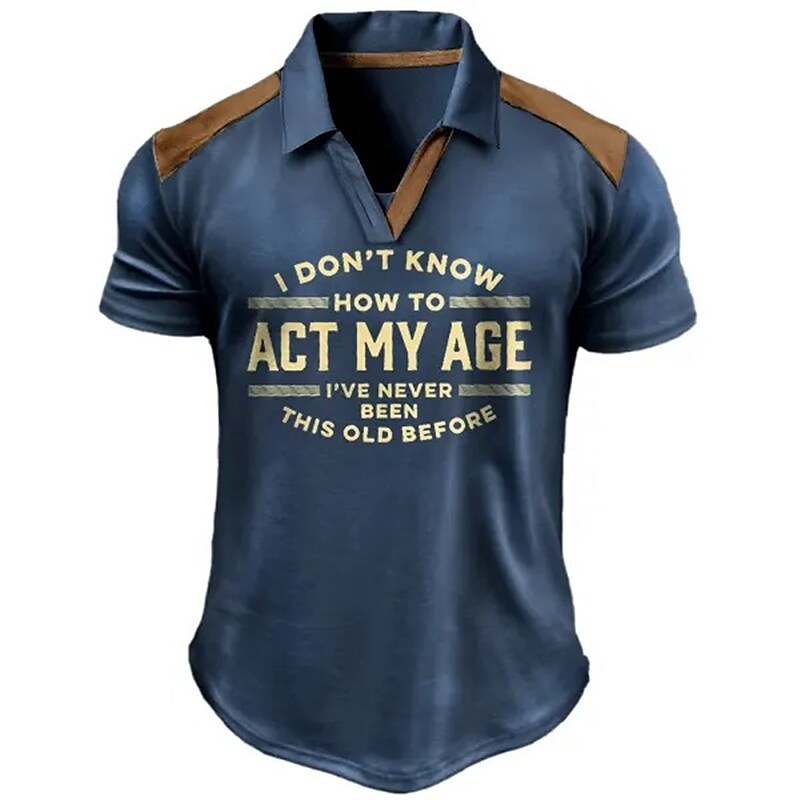 Men's Letter Graphic Prints Vintage V Neck  Short Sleeves  Polo Shirt 