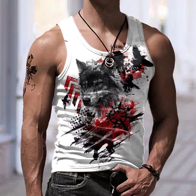 Men's Wolf Crew Neck Clothing Apparel 3D Print Sleeveless Vest Top 