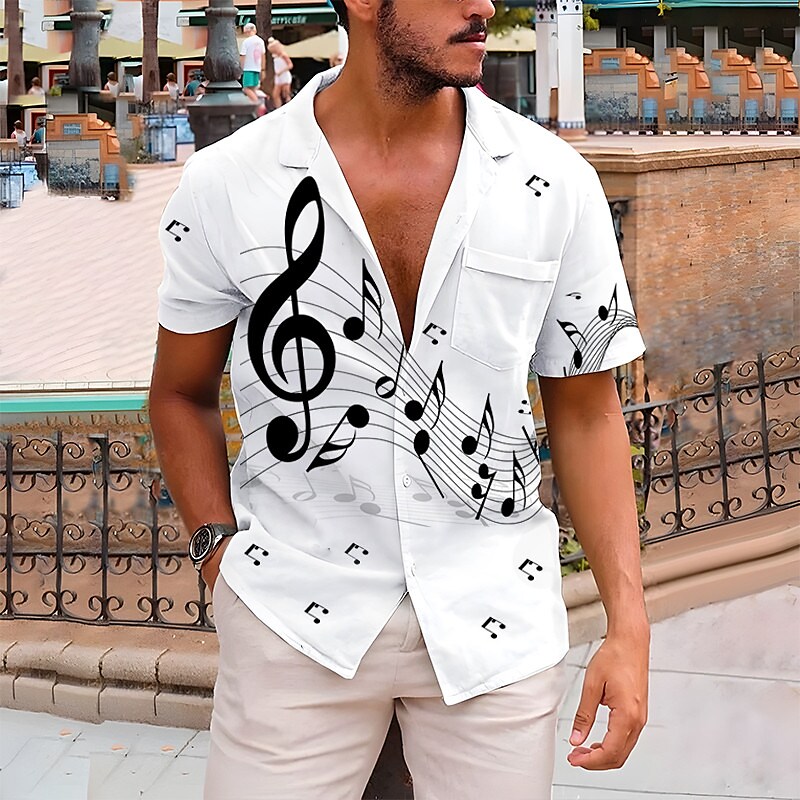 Men's Music Notes Cuban Collar Button-Down Short Sleeve Hawaiian Shirt
