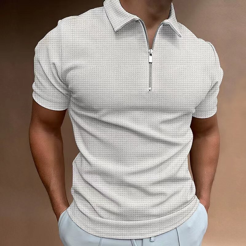 Men's Waffle Outdoor Golf Street Casual Breathable Comfortable Light Plain Zipped Short Sleeve Polo Shirt
