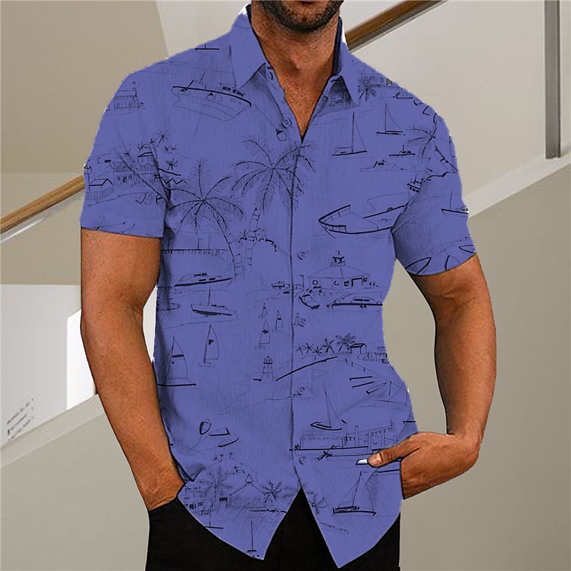 Men's Coconut Tree Graffiti Turndown Button-Down Short Sleeve Shirt