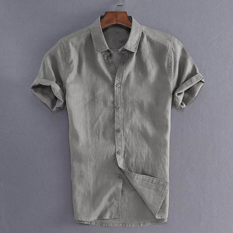 Men's Linen Shirt Shirt Solid Color Collar Black White Blue Green Gray Street Daily Short Sleeve Clothing Apparel Casual Breathable Comfortable Henley