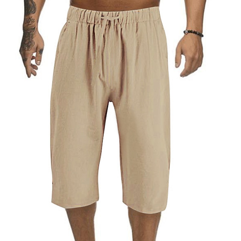 Men's Summer Capri Drawstring Elastic Waist Plain Comfort Outdoor Daily Linen Shorts 