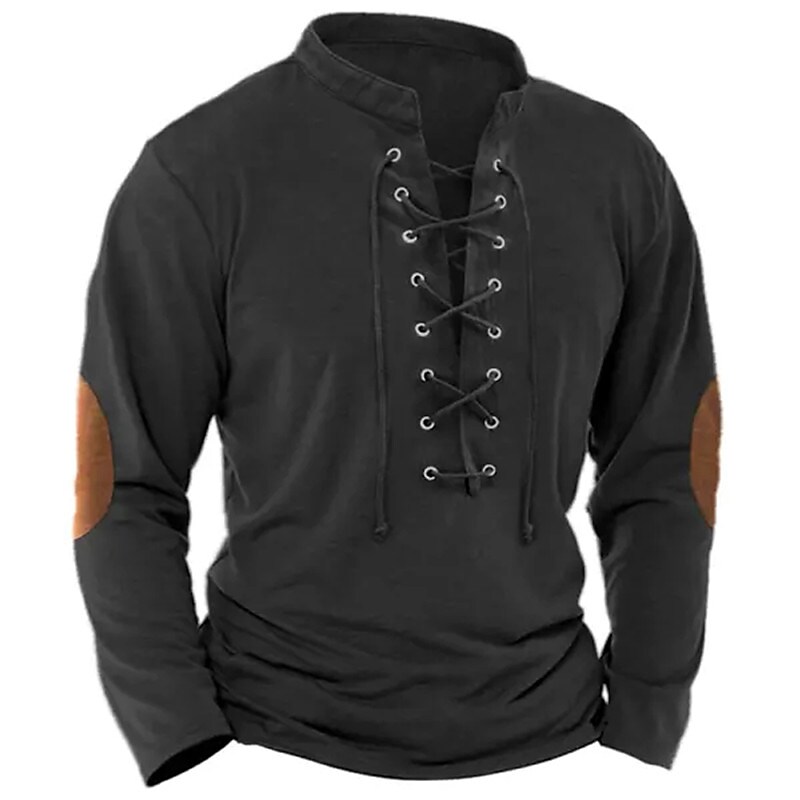 Men's Standing Collar Plain Lace up Pullover