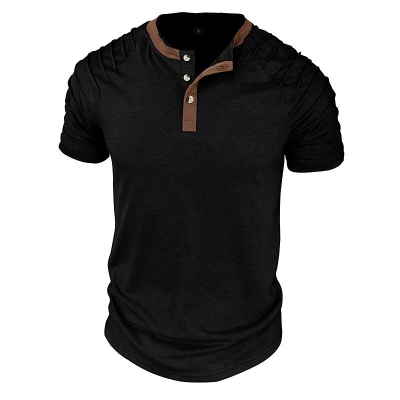 2023 Men's Color Matching Short Sleeved Henley Shirt