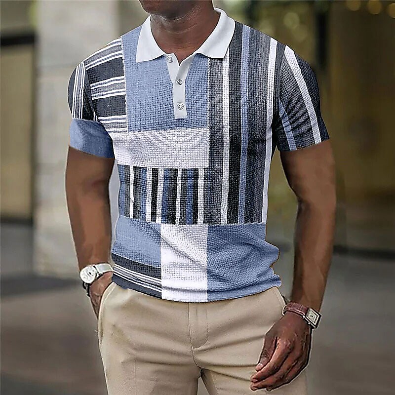 Men's  Striped Graphic Prints Geometry Turndown  Button-Down Short Sleeves Polo Shirt